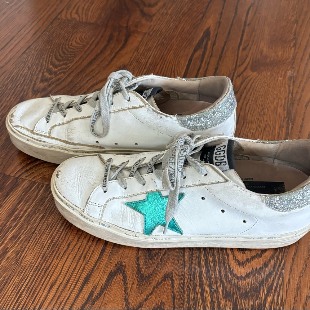 Golden Goose White Sneakers with Green Star and Silver Glitter